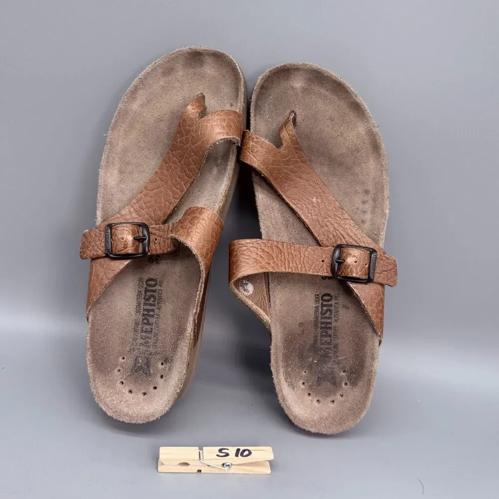 Mephisto Helen Women's 7 Brown Leather Adjustable Buckle Thong Toe Sandals Shoes
